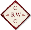 dark red diamond shape containing the letters CRWC and two simple artistic depictions of grape clusters